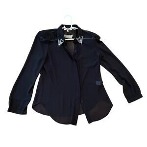 English Rose Beaded Collar Button Down Shirt Long Sleeve Blouse Black Size M NWT